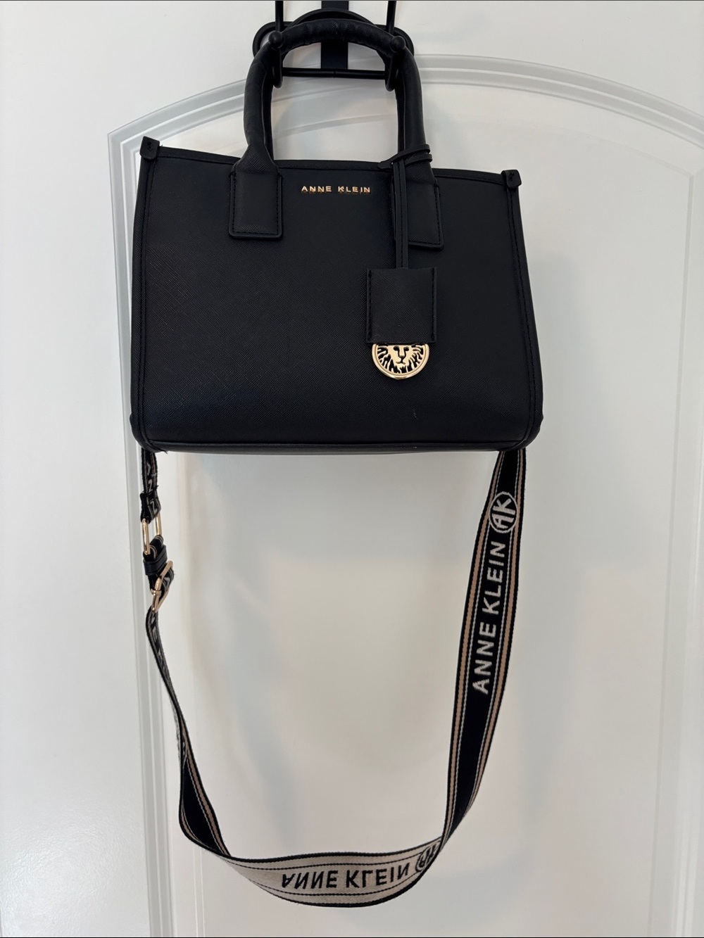 Anne Klein Black Satchel with Branded Strap and Gold Accent